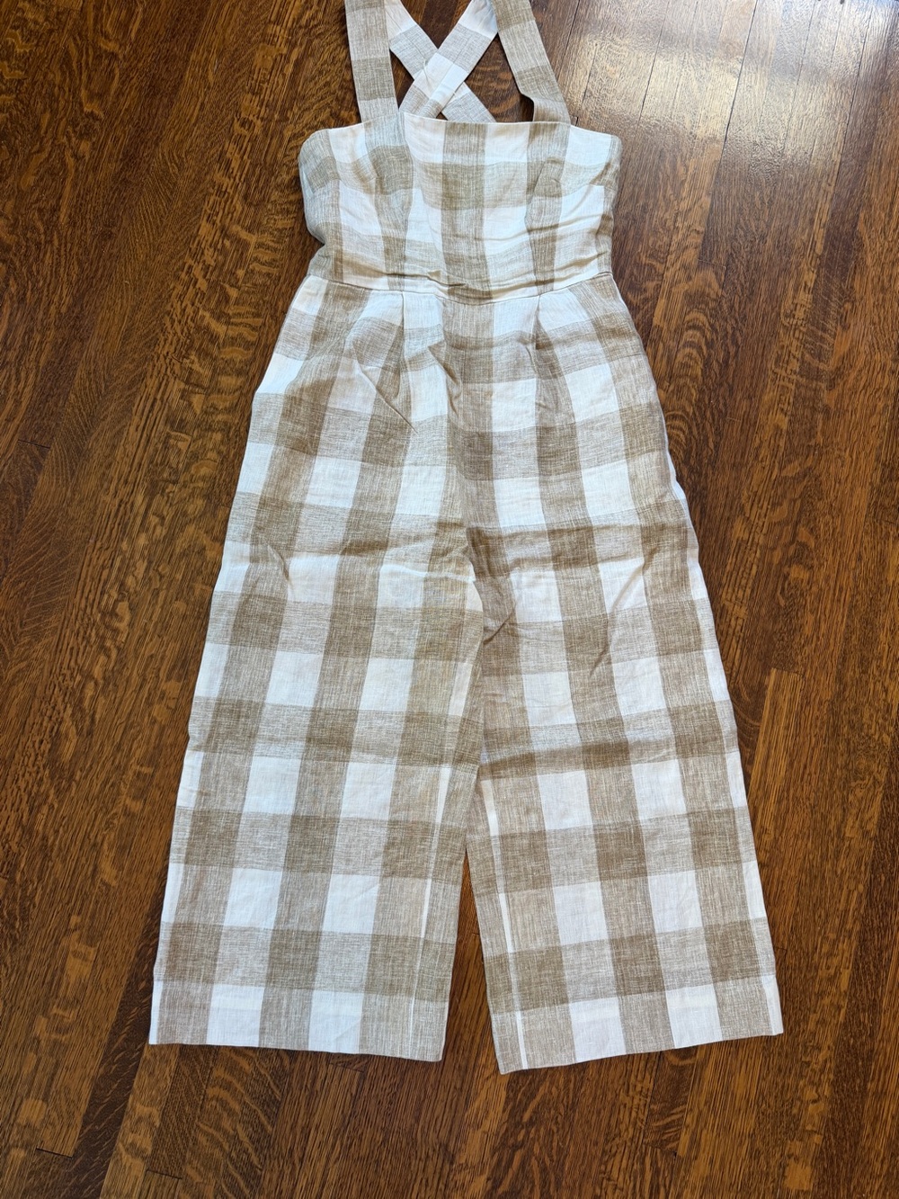 Gal Meets Glam Beige and White Plaid Wide-Leg Linen-Cotton Jumpsuit